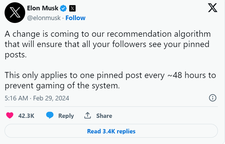 Musk's X to Boost Pinned Post Visibility