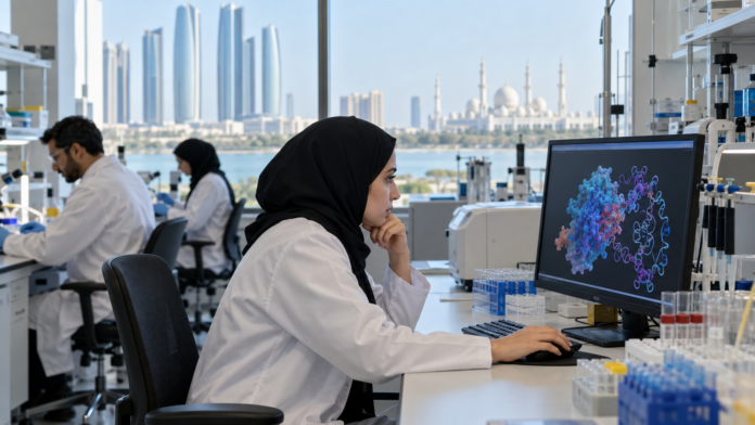 Researcher in an Abu Dhabi laboratory studies a molecular model on a computer.