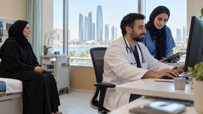 Doctor and clinician review information at a UAE hospital while speaking with a patient.